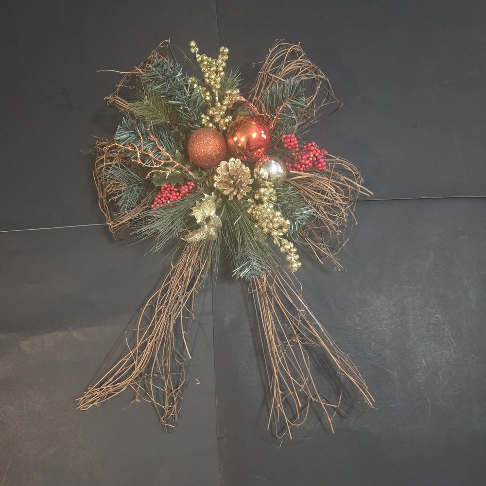 Rustic Twig Christmas Bow Ornament Holiday Decor Red Glitter Orbs Pine Branches
